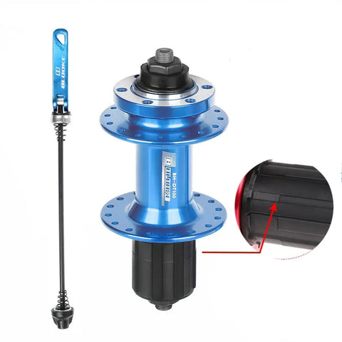 Blue 32H Beefy Aluminum Alloy Rear Hub with Quick Release for 135mm frames, shown with details and included quick release lever