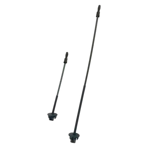 Two black stakes from Decoy Topper Combo Pack For Calls And Electronic Decoys Includes Two Red Yellow Reversible Bird Toppers And One Black White