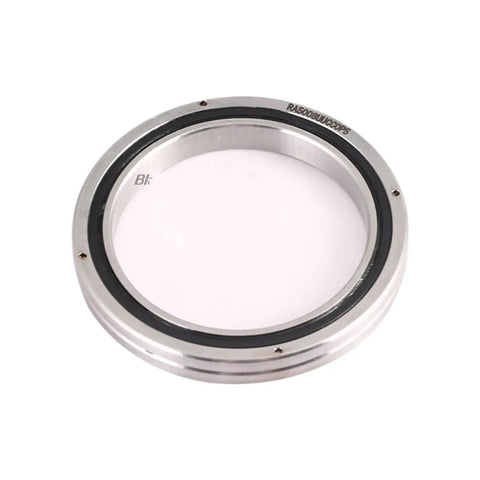 High Precision Crossed Cylindrical Roller Bearings For Rotary Tables And CNC Machines Built Tough To Run Slick In Popular Sizes 6008 7008 8008 15008 And 18013UUCC0P5 showing a stainless steel bearing with black sealing ring.