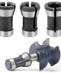 Top Shelf Six Piece Router Collet Adapter Kit For Woodworking Trimmers And Engraving Machines Featuring Slick Split Bushing Upgrades. Three steel collets, one router bit, and precise design.