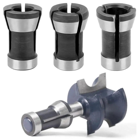 Top Shelf Six Piece Router Collet Adapter Kit For Woodworking Trimmers And Engraving Machines Featuring Slick Split Bushing Upgrades. Three steel collets, one router bit, and precise design.