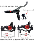 Zoom HB-875 MTB hydraulic disc brake set; front and rear calipers with red anodized adjusters and oil-fill lever.
