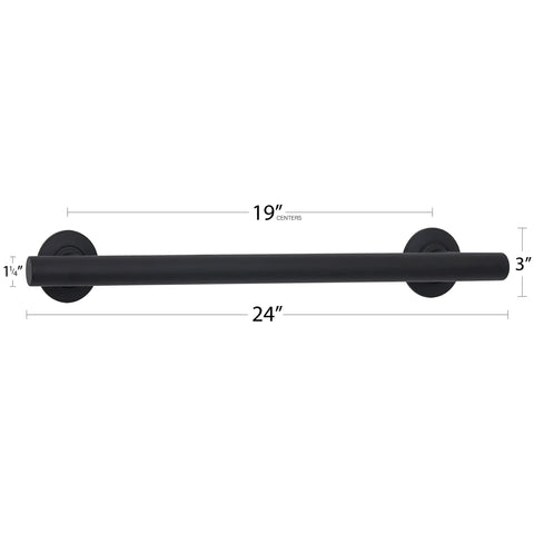 24 Inch Straight Shower Grab Bar Matte Black Stainless Steel With Concealed Flanges for safety and support, front view.