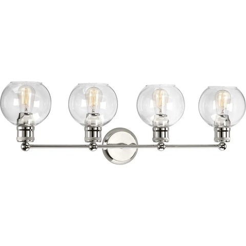 Hansford 4 Light Bath Vanity Fixture In Polished Nickel With Glass Globe Shades For Urban Industrial Vibe Bathroom Lighting