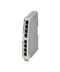 Beefy Eight Port Industrial Ethernet Switch Model 1008N for heavy duty networking, side view with DIN rail design.
