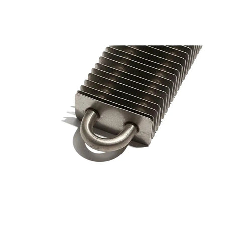 Electric Finned Tubular Heater With Tough Square Build And Solid Copper Threads Pumps Out Quick Heat For Hassle Free Air Drying On Your Shop Floor At 230 Volts Pro Grade close-up of finned metal design with U-shaped connector.