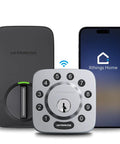 Smart Door Lock U-Bolt With WiFi Bridge 5-In-1 Keyless Entry Lock Bluetooth Keypad next to smartphone