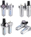 All In One Dual Unit Pneumatic Air Treatment System with regulator, filter, and lubricator in metal casing, multiple angles
