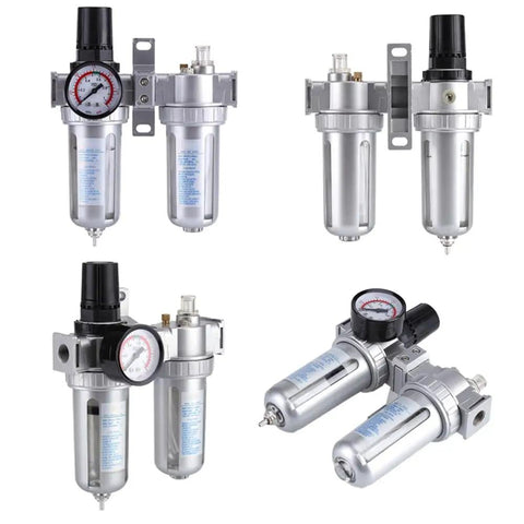 All In One Dual Unit Pneumatic Air Treatment System with regulator, filter, and lubricator in metal casing, multiple angles