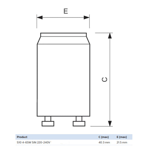 S10 Ecoclick Mechanical Fluorescent Lamp Starter 4W To 65W Easy Install 10 Pack, technical dimension diagram