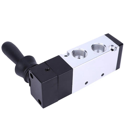 Five Port Three Position Pneumatic Manual Control Valve Easy Install With L Type Body For Air Systems 0 To 0.8 MPa Two Position Three Way Toggle Switch With Spring Return, showing two ports and black handle in silver casing
