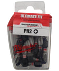 Milwaukee PH2 Shockwave insert bit set, 25-pack, in clear plastic case with red lid