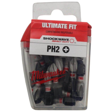 Milwaukee PH2 Shockwave insert bit set, 25-pack, in clear plastic case with red lid