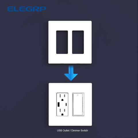 2-Gang Screwless Wall Plate Cover, Mid-Size, Sleek Matte White, 4.88 x 4.94 Inches shown over USB outlet and dimmer switch