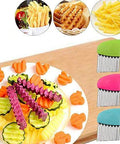Kitchen crinkle-cut knife set with three stainless steel wavy blades and a color-coded slicing fork helper (green, pink, blue).