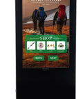 Heavy Duty 43 Inch Dual Sided Touchscreen Kiosk Boasting Straight Up Crisp Full HD Panels And Lightning Fast Touch Response For Serious Retailers Wanting Smooth Front And Back Displays - front view with touchscreen display showing outdoor shop interface.