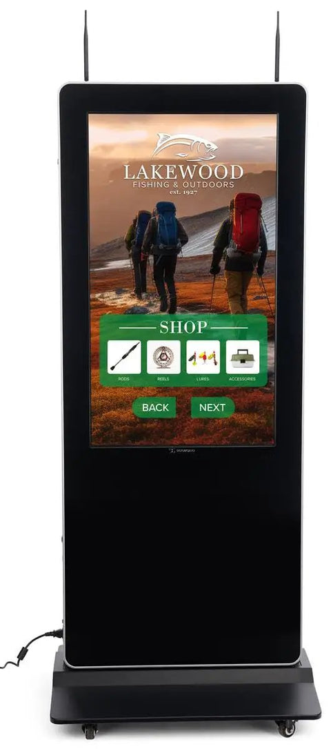 Heavy Duty 43 Inch Dual Sided Touchscreen Kiosk Boasting Straight Up Crisp Full HD Panels And Lightning Fast Touch Response For Serious Retailers Wanting Smooth Front And Back Displays - front view with touchscreen display showing outdoor shop interface.