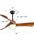 52" Modern Wood Ceiling Fan with Dimmable LED Light, showcasing dimensions and 3 hand-carved solid wood blades.