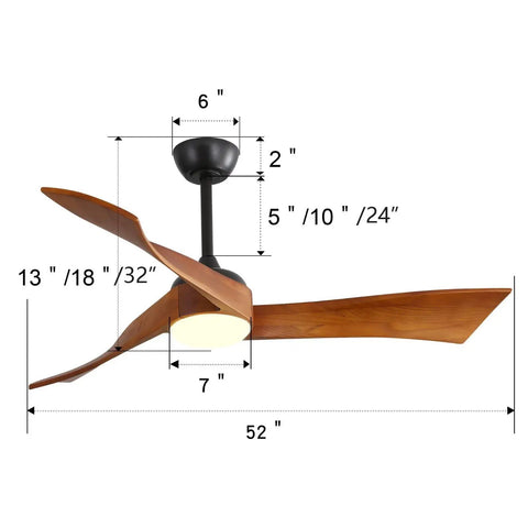 52" Modern Wood Ceiling Fan with Dimmable LED Light, showcasing dimensions and 3 hand-carved solid wood blades.