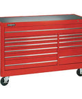 Beefy Sixty Six Inch Orange Workshop Station Featuring Twelve Deep Drawers And Bomber Grade Steel Build Tailored For Rough Job Site Grunt Work Plus Daily Garage Hustle, red tool cabinet with wheels and twelve drawers.