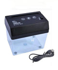 No Hassle Mini Paper Shredder With Built In Letter Opener USB powered with clear body and black top for home office use.