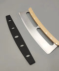 Ten Piece Pizza Cutter Sleeve Protectors With Edge Guard And Portable Design Universal Knife Guards For Kitchen Gear Camping BBQ And Picnic Use Portable Travel Friendly, showing wood-handled cutter and black sleeve.
