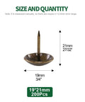 Top Shelf Antique Bronze Upholstery Tacks 200 Pcs 3/4 Inch Round Head Furniture Nails, showing size dimensions 19mm x 21mm.