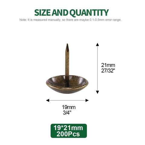 Top Shelf Antique Bronze Upholstery Tacks 200 Pcs 3/4 Inch Round Head Furniture Nails, showing size dimensions 19mm x 21mm.