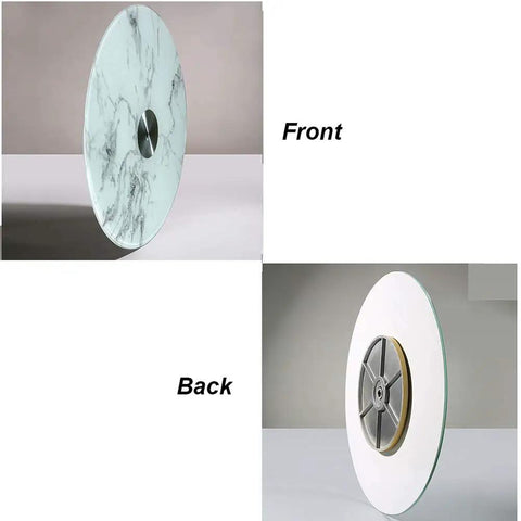 Front and back view of Rotating Glass Turntable Tray With Marble Pattern Lazy Susan For Dining Table 70 To 120 Cm Tempered Glass Serving Plate.
