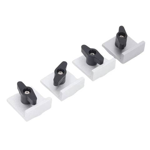 4 Pack T Track Stop Block Kit With Aluminum Alloy Silver Anodized Finish Bidirectional Short Stops With Knobs, side view