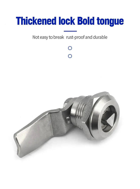 Close-up of stainless steel cam lock with bold tongue for secure storage solutions, rustproof and waterproof design.