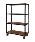 Rolling shelving unit with wood shelves on heavy duty 4 inch cast iron swivel plate caster with dual locking brakes for tables and carts.