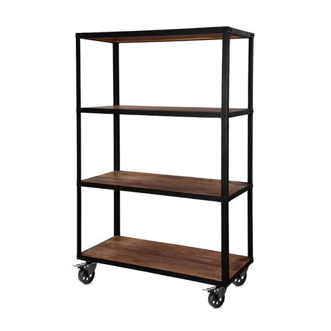 Rolling shelving unit with wood shelves on heavy duty 4 inch cast iron swivel plate caster with dual locking brakes for tables and carts.