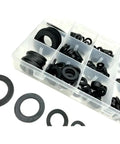 Go-To Black Rubber Flat Washer Gasket Set, 224-Piece Assortment in 12 Sizes From M2 to M8, Durable Insulation Ring Washers for DIY Projects, Plumbing Repairs, Furniture Fixes, and General Home Improvement. Black rubber flat washers sorted in a plastic storage case.