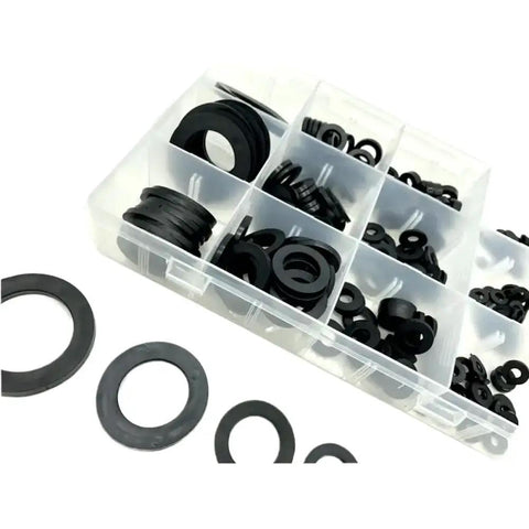 Go-To Black Rubber Flat Washer Gasket Set, 224-Piece Assortment in 12 Sizes From M2 to M8, Durable Insulation Ring Washers for DIY Projects, Plumbing Repairs, Furniture Fixes, and General Home Improvement. Black rubber flat washers sorted in a plastic storage case.