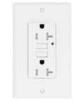 Rock Solid 20 Amp Smart Gfci Outlet With Child Door Shutters And Etl Listing For Knockout Shock Safety In Kitchens Bathrooms And Patios.Zero Sweat Wiring Slick White Abs Terminal Cover - front view with white finish.