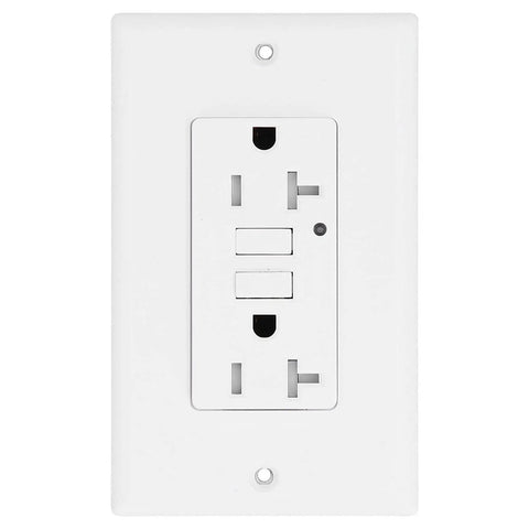 Rock Solid 20 Amp Smart Gfci Outlet With Child Door Shutters And Etl Listing For Knockout Shock Safety In Kitchens Bathrooms And Patios.Zero Sweat Wiring Slick White Abs Terminal Cover - front view with white finish.