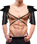 Badass Battle Ready Gothic Viking Pauldron Set PU Leather Double Shoulder Armor with Chest Harness displayed on mannequin