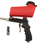 Get The Job Done With This Slick 90 Psi Gravity Feed Sandblaster Gun Kit featuring a black grip, red hopper, and air connection.