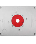 Premium Aluminum Alloy Router Table Insert Plate With Center Alignment Bushing And Installation Screws For Diy Woodworking Engraving Machine Tools Easy Install Plus Killer Precision Fit, top view with red bushing.