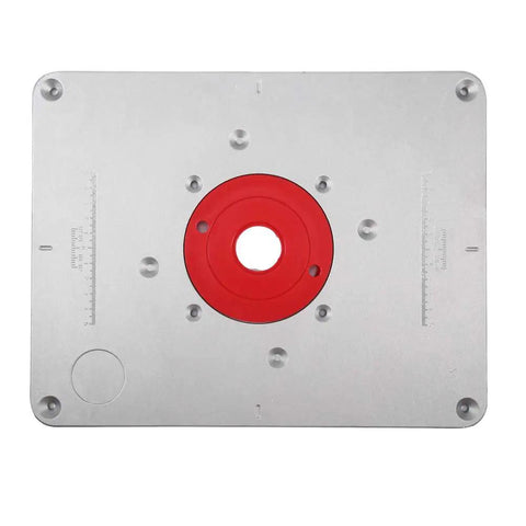 Premium Aluminum Alloy Router Table Insert Plate With Center Alignment Bushing And Installation Screws For Diy Woodworking Engraving Machine Tools Easy Install Plus Killer Precision Fit, top view with red bushing.