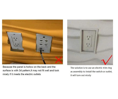 Dope 3D Wavy Wall Panels showing outlet installation suggestions with trim ring for secure fit on bamboo fiber panels.
