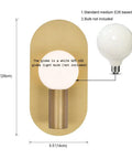 Two Pack Brushed Gold Oval Wall Sconces Modern Mid Century Vanity Lights For Bathroom Mirror And Living Room Hallway Dope Minimalist Design With Concealed Lamp Base And Thick Solid Back Plate, shown with dimensions and bulb details.