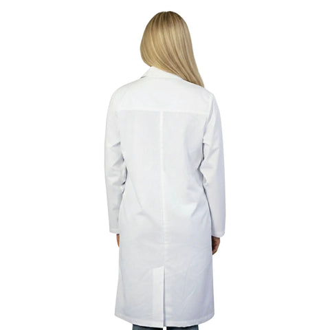 Rear view of Premium Unisex Lab Coat For Doctors And Students Ultra Comfortable All Day Poly Cotton 40 Inch Long White Coat