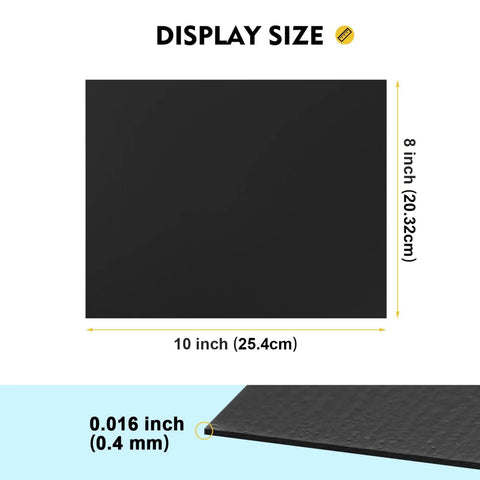 8 By 10 Inch Adhesive Magnetic Sheets, 15 Pack, display size with measurements, black sheet with dimensions 8x10 inches, thickness 0.016 inch.