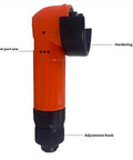 Heavy Duty Pneumatic Angled Grinder With Air Powered Motor For Metal And Wood Grinding Polishing Cutting At 15000 Rpm showing exhaust port, hardening shield, and adjustment knob.