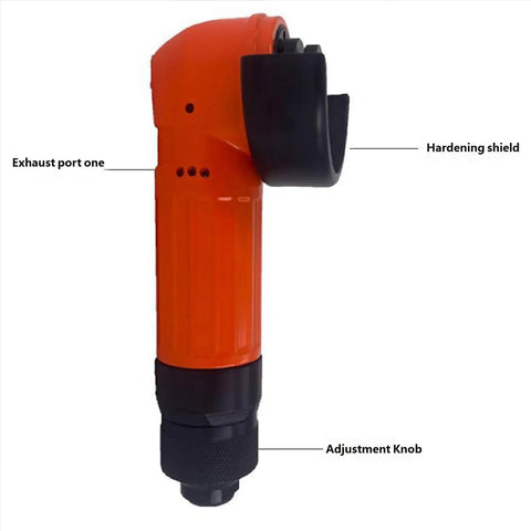 Heavy Duty Pneumatic Angled Grinder With Air Powered Motor For Metal And Wood Grinding Polishing Cutting At 15000 Rpm showing exhaust port, hardening shield, and adjustment knob.