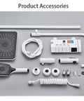 RIBEUJIZS Digital Shower System, White Digital Display Shower System Set accessories including overhead and handheld shower heads.