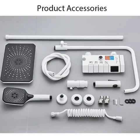 RIBEUJIZS Digital Shower System, White Digital Display Shower System Set accessories including overhead and handheld shower heads.