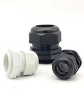Close-up of Waterproof Cord Grip Kit M10 To M25 Nylon Cable Glands in black and white for outdoor electrical projects.